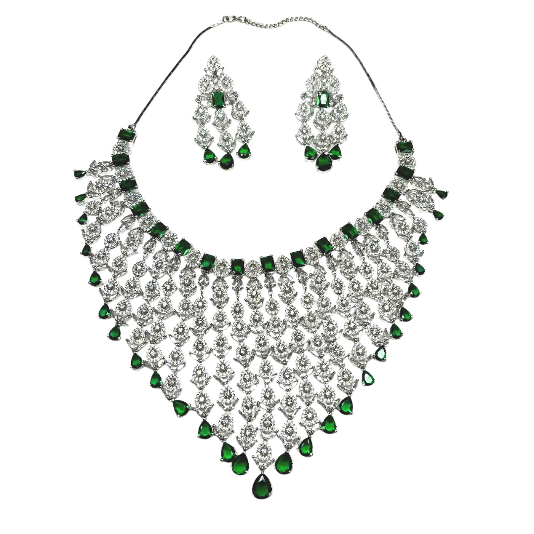Bridal AD Necklace Set with Emerald Stones and Matching Earrings