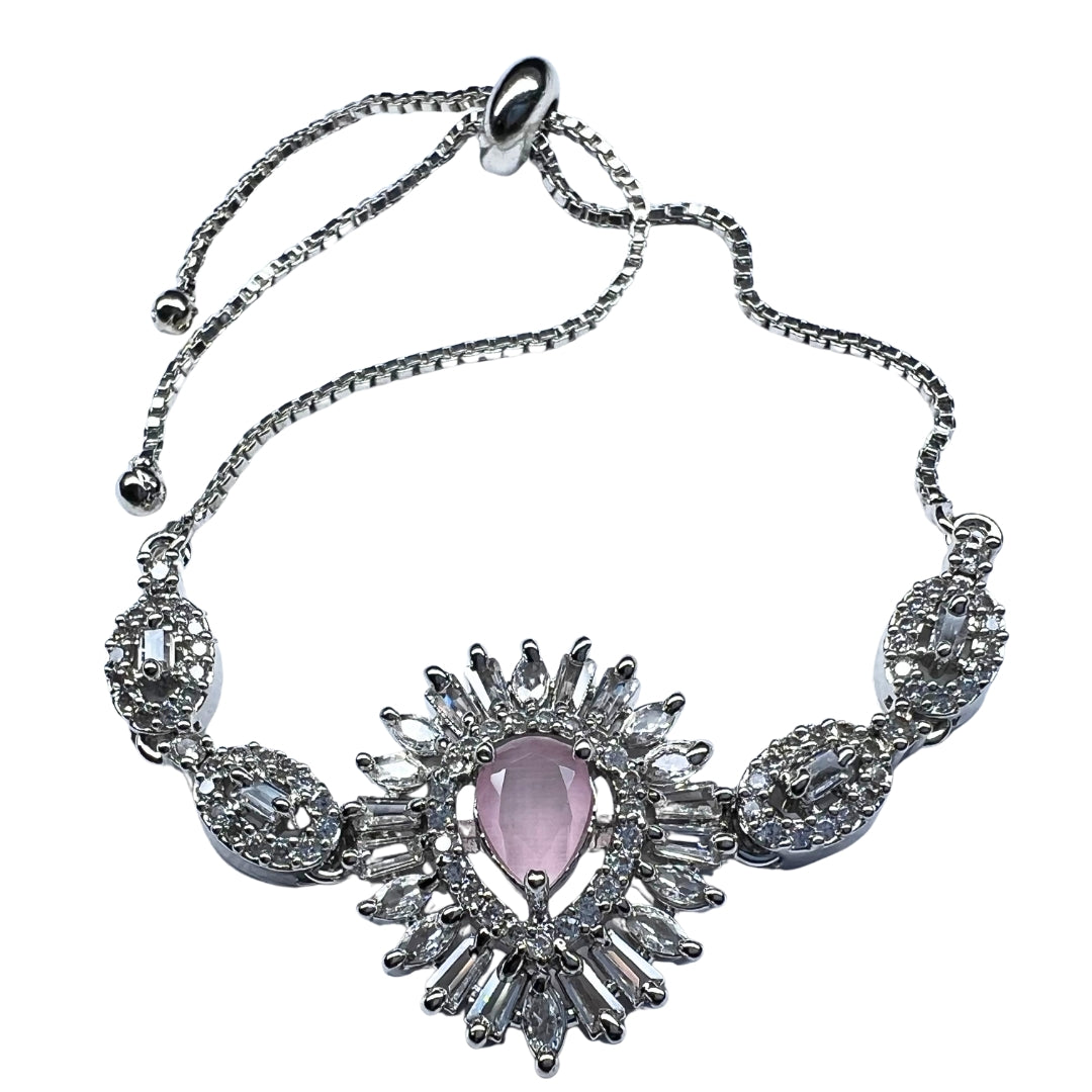 Exquisite AD America Diamond Oval Pink Gemstone Bracelet with Floral Accents and Adjustable Bolo Clasp