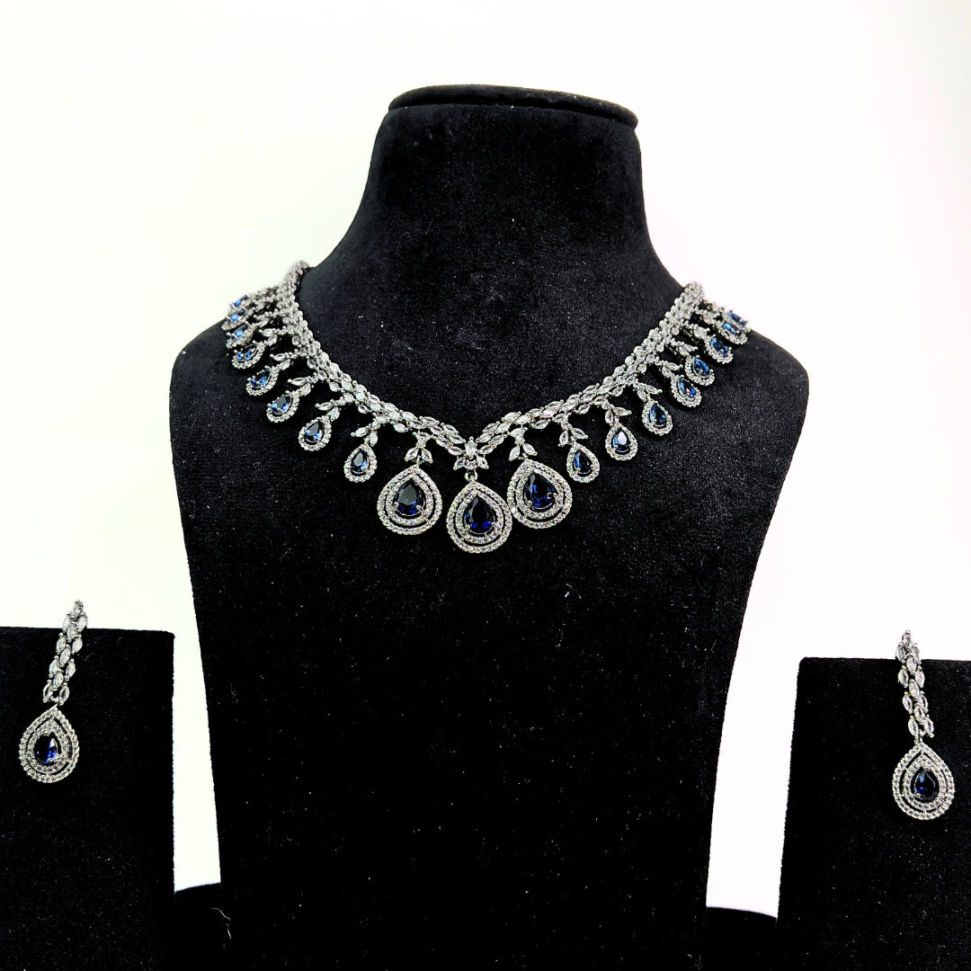 Dark Blue AD Necklace Set with Earrings | Elegant Party & Bridal Jewellery | Limited Piece