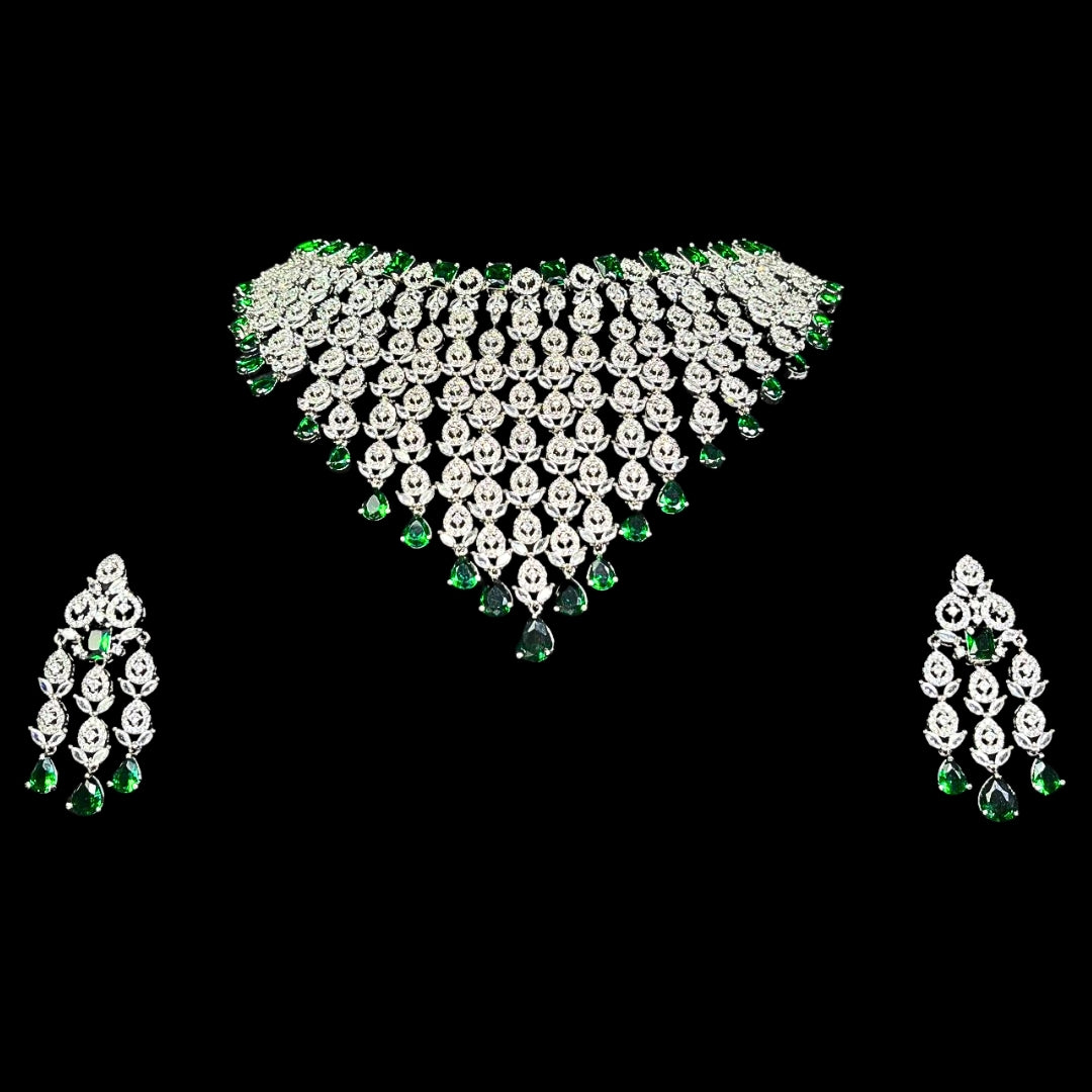 Bridal AD Necklace Set with Emerald Stones and Matching Earrings