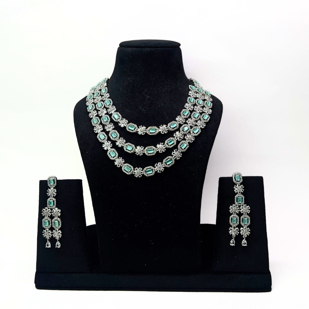 Three Layer Pastel Green AD Necklace Set with Earrings | Limited Piece