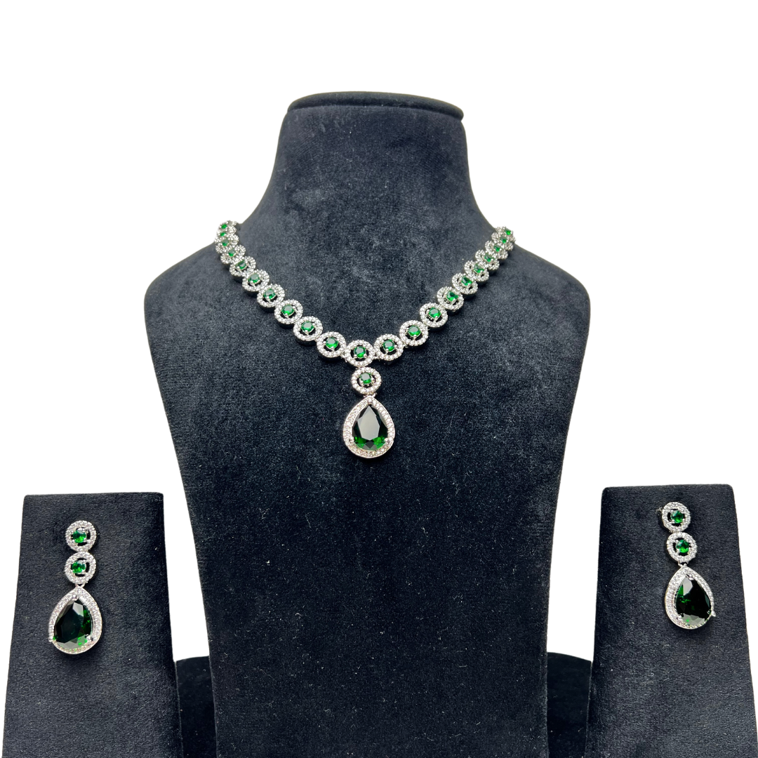Elegant Teardrop Green AD Necklace Set with Earrings – Limited Edition