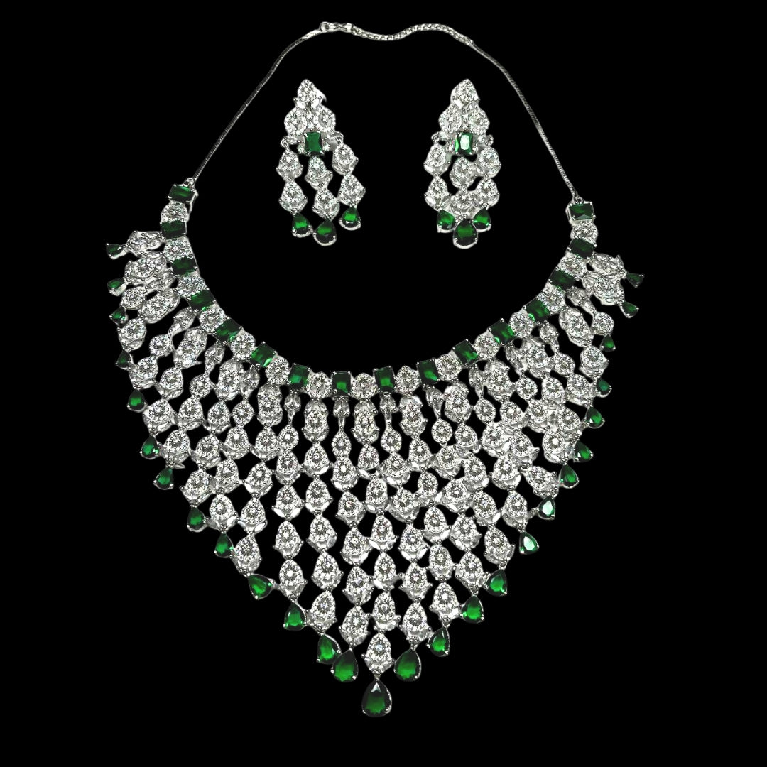 Bridal AD Necklace Set with Emerald Stones and Matching Earrings