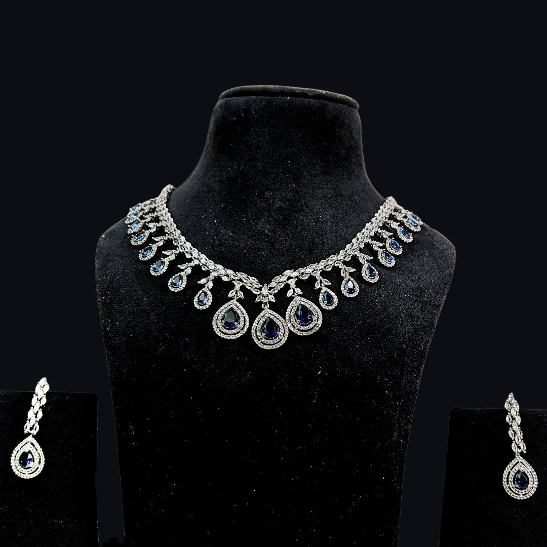 Dark Blue AD Necklace Set with Earrings | Elegant Party & Bridal Jewellery | Limited Piece