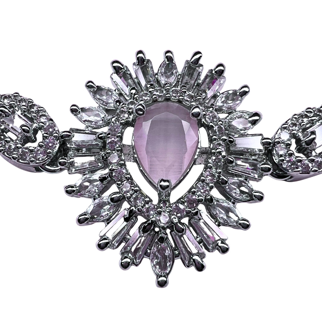 Exquisite AD America Diamond Oval Pink Gemstone Bracelet with Floral Accents and Adjustable Bolo Clasp