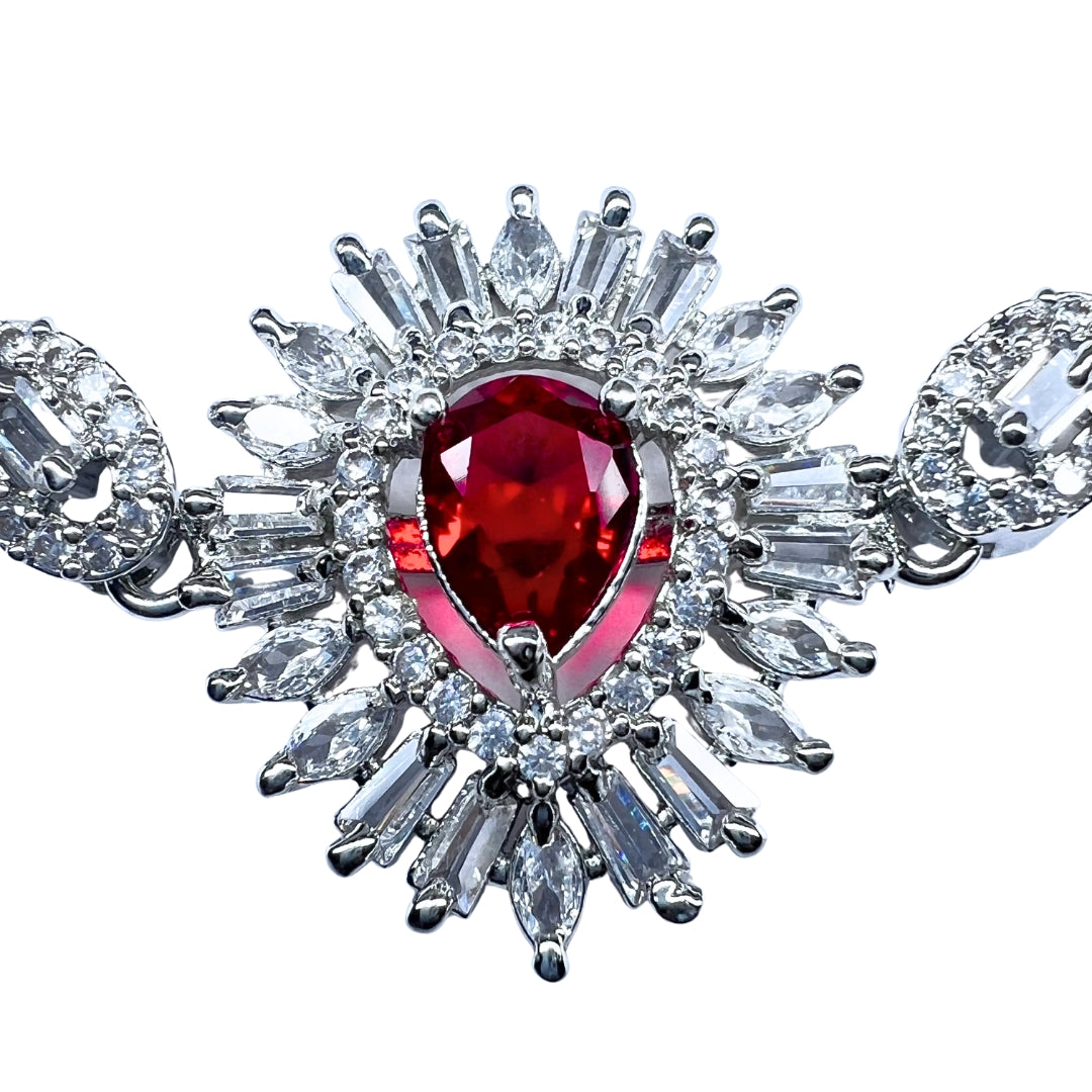 Exquisite AD American Diamond Bracelet with Ruby-Red Center Stone