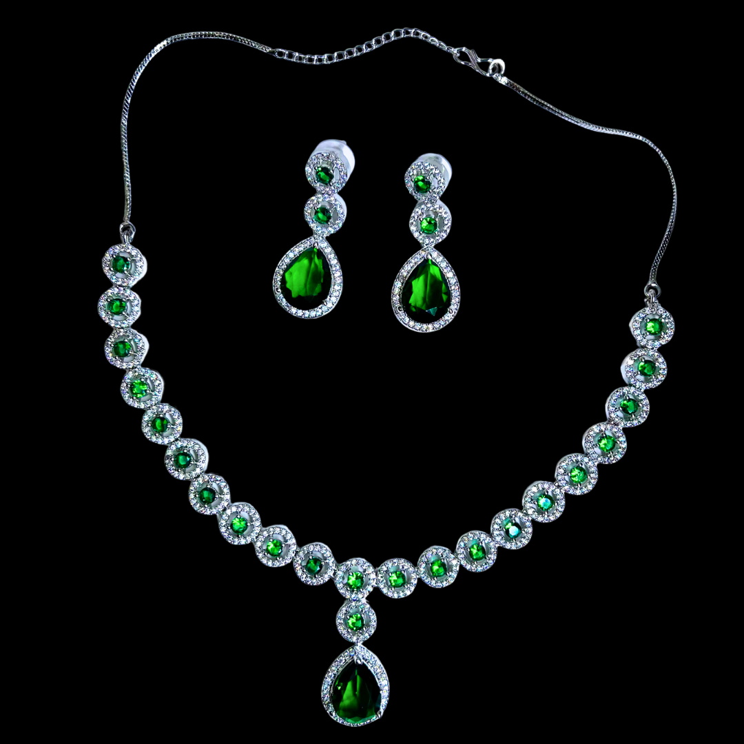 Elegant Teardrop Green AD Necklace Set with Earrings – Limited Edition