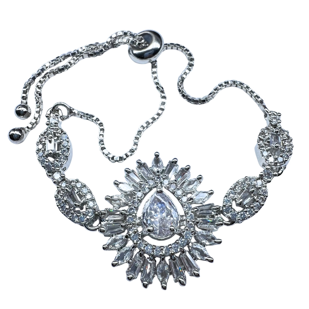AD America Diamond Princess-Cut Gemstone Bracelet with Ornate Halo and Floral Accents