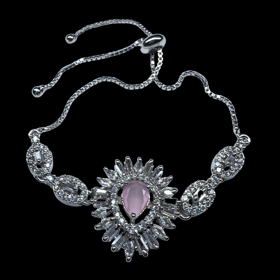 Exquisite AD America Diamond Oval Pink Gemstone Bracelet with Floral Accents and Adjustable Bolo Clasp