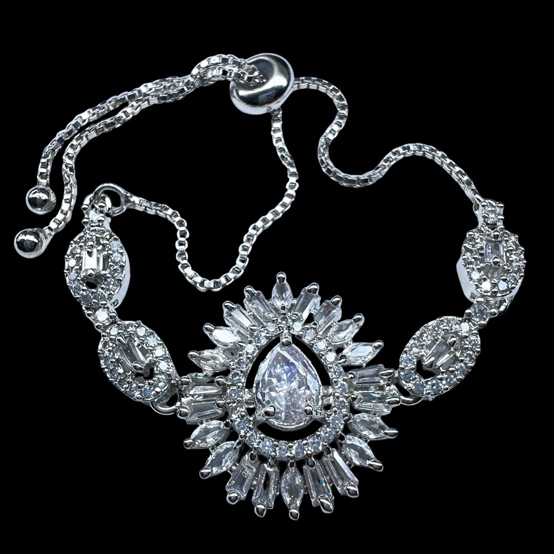 AD America Diamond Princess-Cut Gemstone Bracelet with Ornate Halo and Floral Accents
