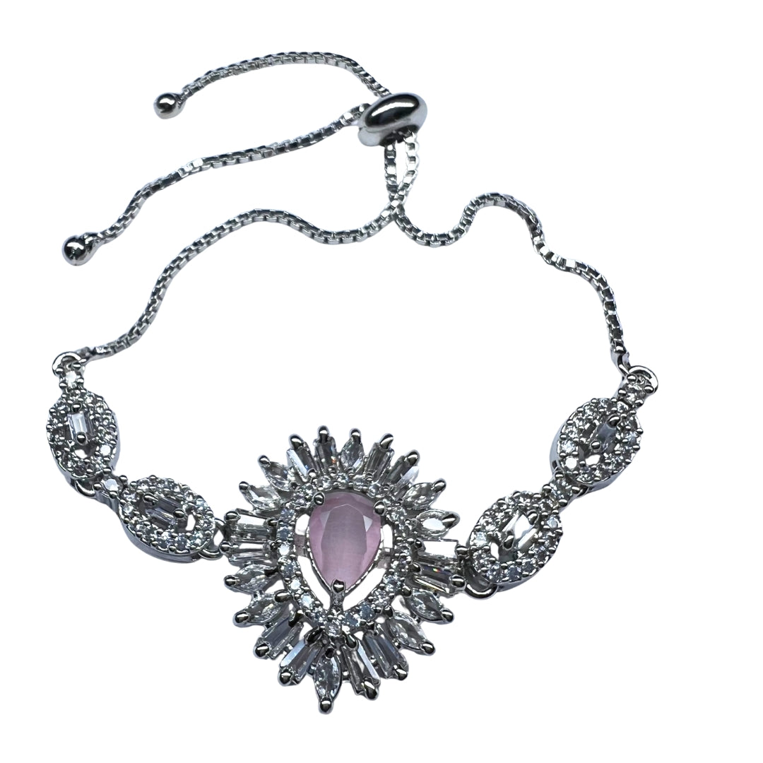 Exquisite AD America Diamond Oval Pink Gemstone Bracelet with Floral Accents and Adjustable Bolo Clasp
