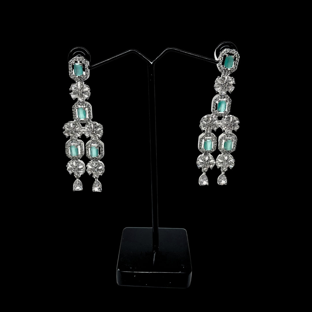 Three Layer Pastel Green AD Necklace Set with Earrings | Limited Piece