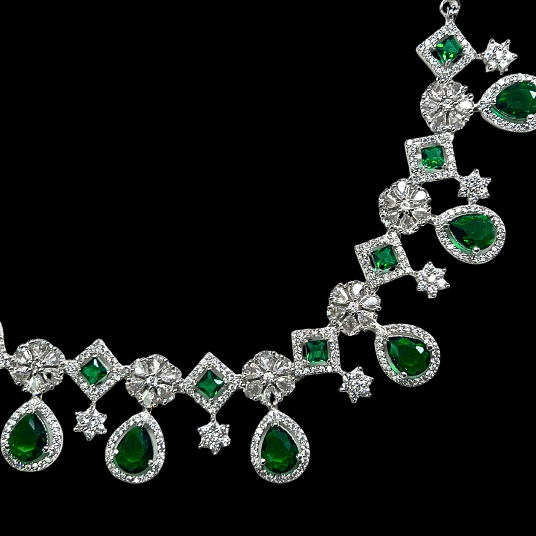 Elegant Green Teardrop AD Necklace Set with Earrings | Limited Piece