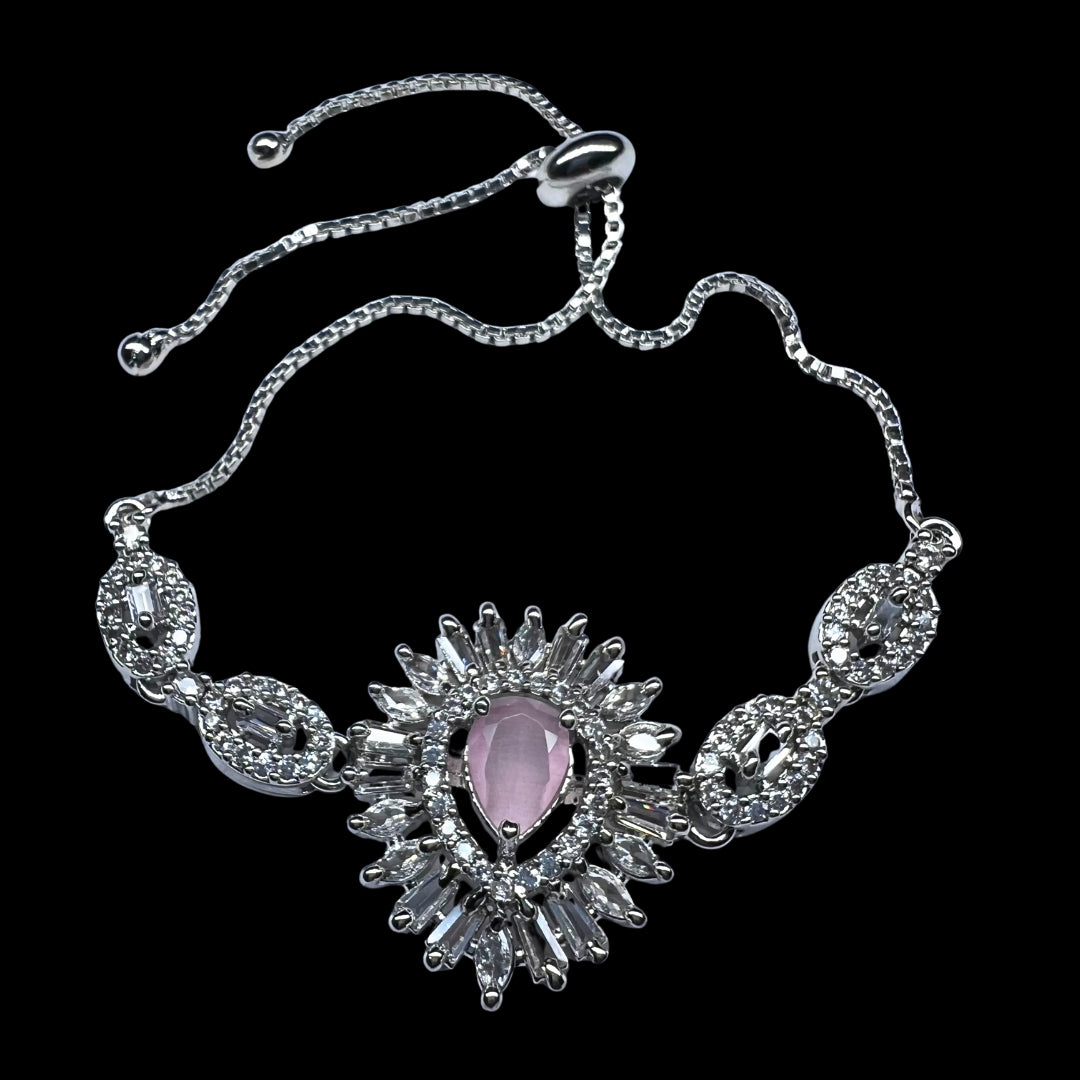 Exquisite AD America Diamond Oval Pink Gemstone Bracelet with Floral Accents and Adjustable Bolo Clasp