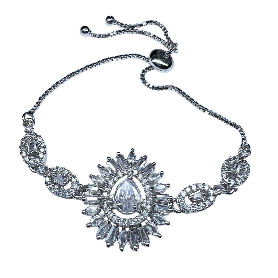 AD America Diamond Princess-Cut Gemstone Bracelet with Ornate Halo and Floral Accents