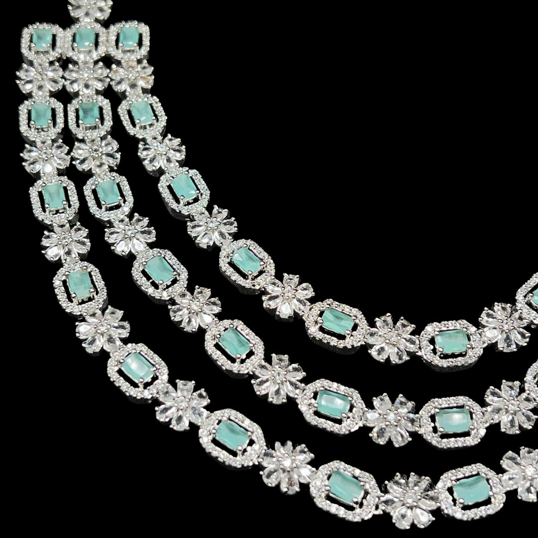 Three Layer Pastel Green AD Necklace Set with Earrings | Limited Piece