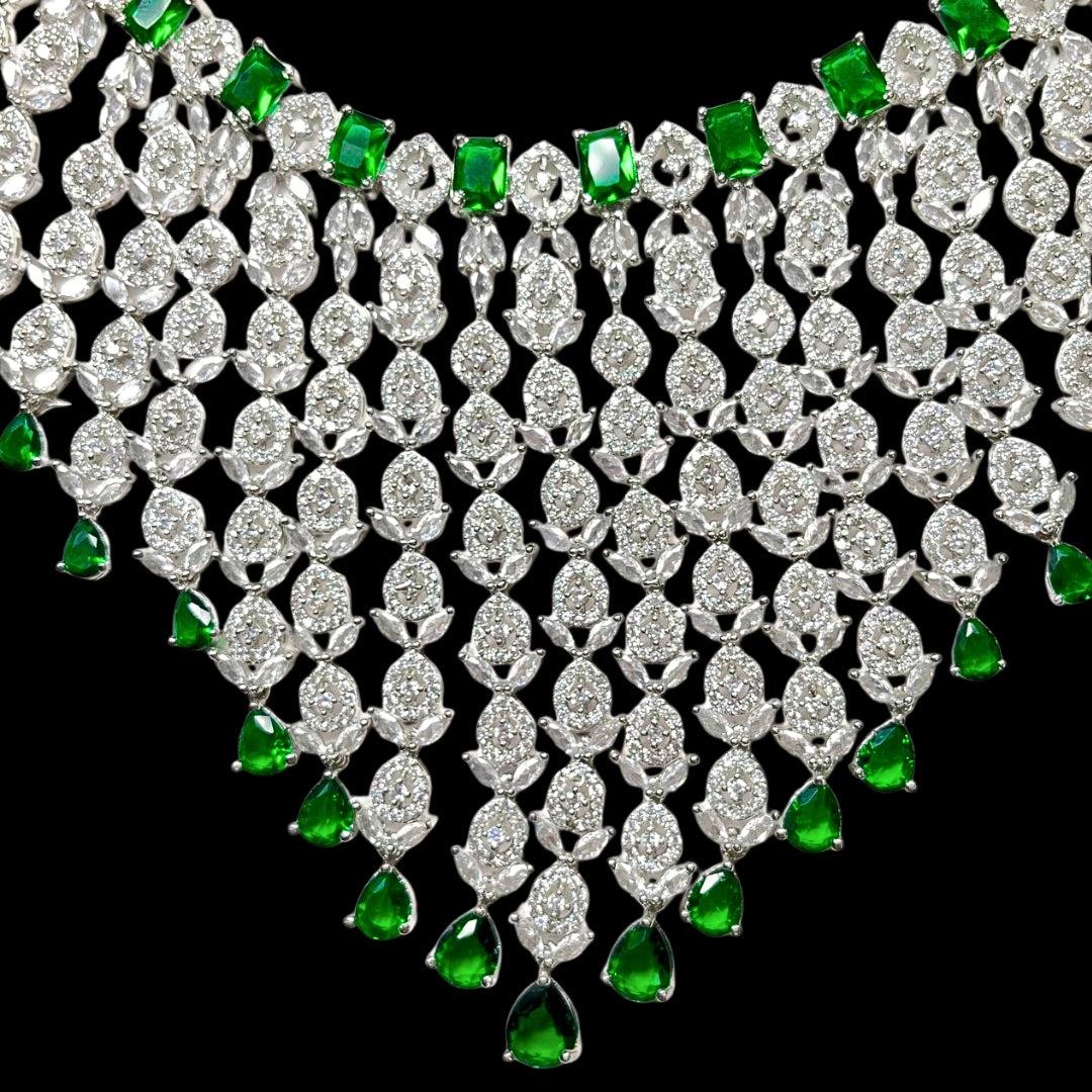 Bridal AD Necklace Set with Emerald Stones and Matching Earrings
