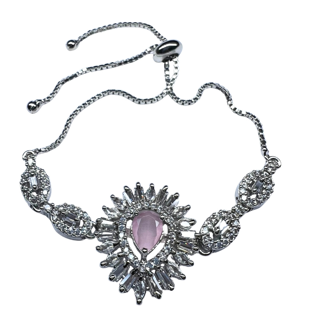 Exquisite AD America Diamond Oval Pink Gemstone Bracelet with Floral Accents and Adjustable Bolo Clasp