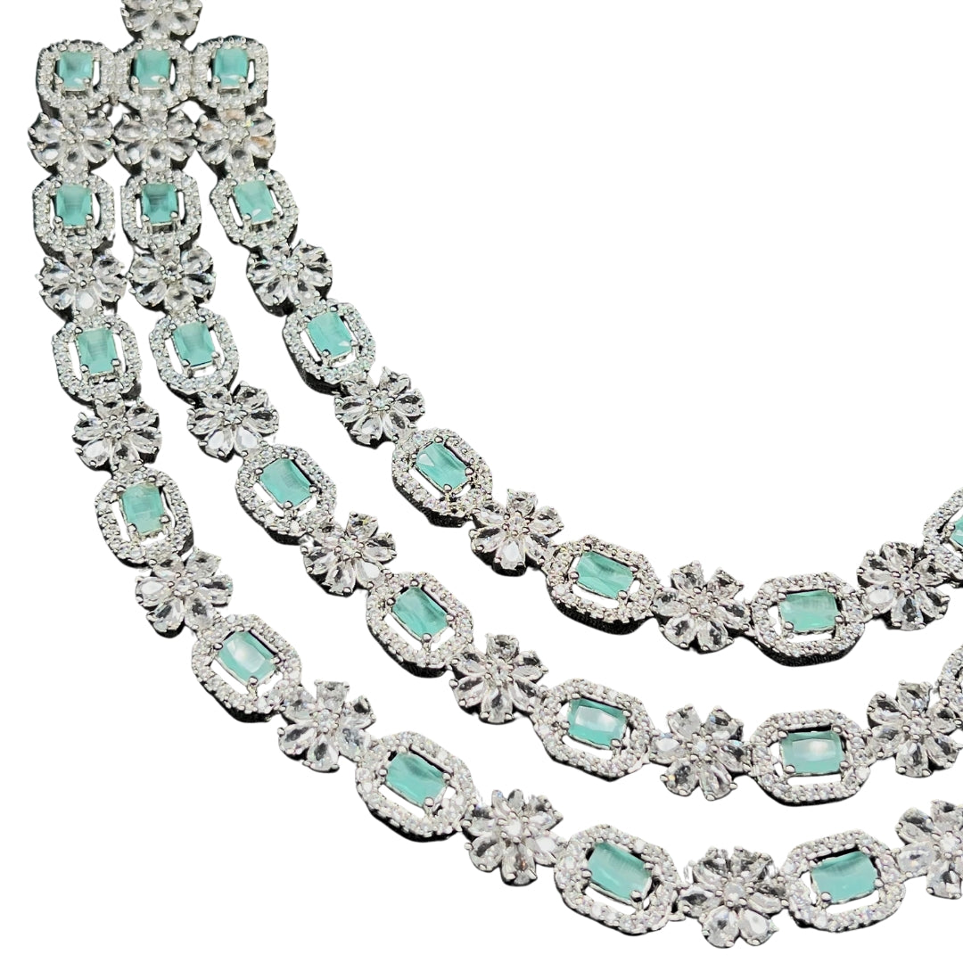 Three Layer Pastel Green AD Necklace Set with Earrings | Limited Piece