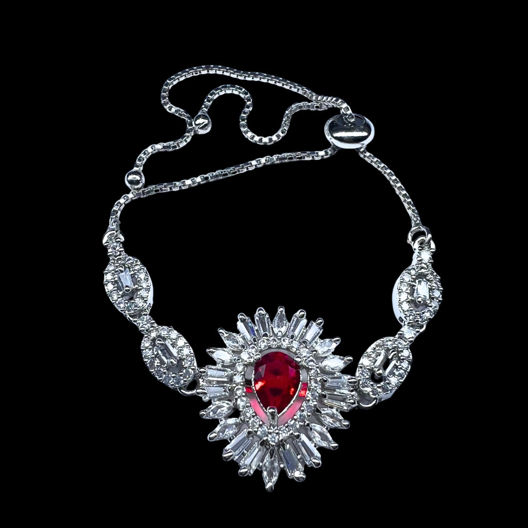 Exquisite AD American Diamond Bracelet with Ruby-Red Center Stone