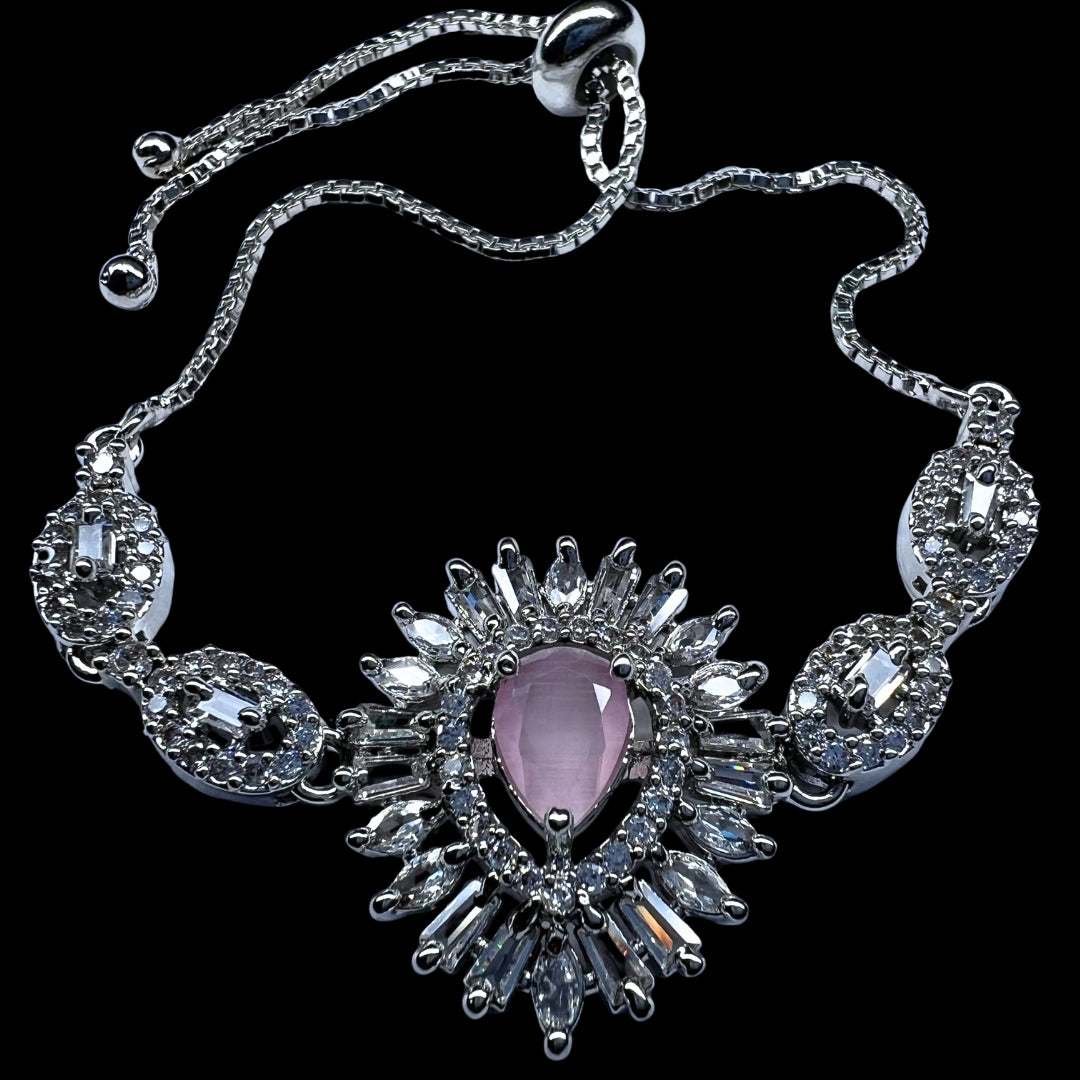 Exquisite AD America Diamond Oval Pink Gemstone Bracelet with Floral Accents and Adjustable Bolo Clasp