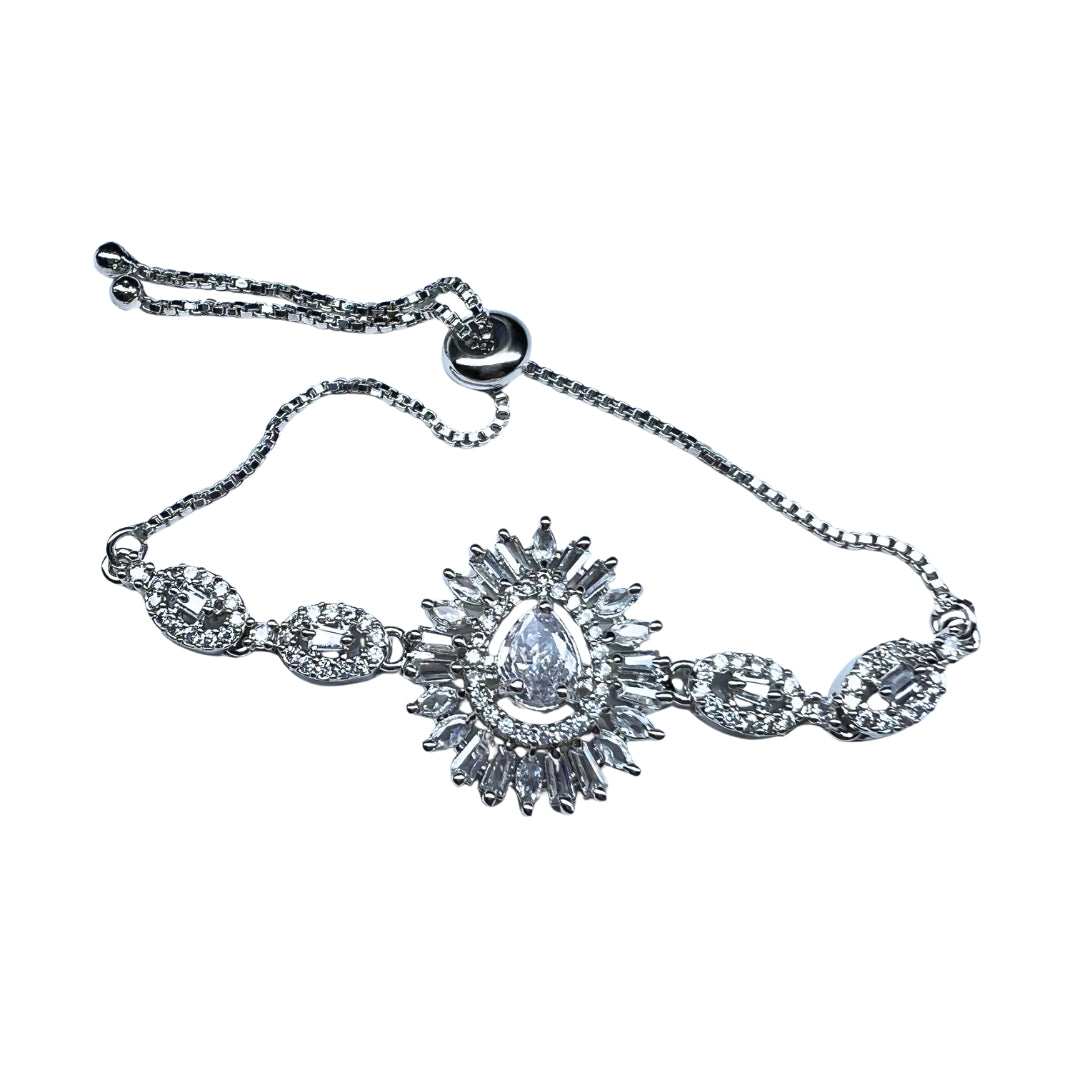 AD America Diamond Princess-Cut Gemstone Bracelet with Ornate Halo and Floral Accents