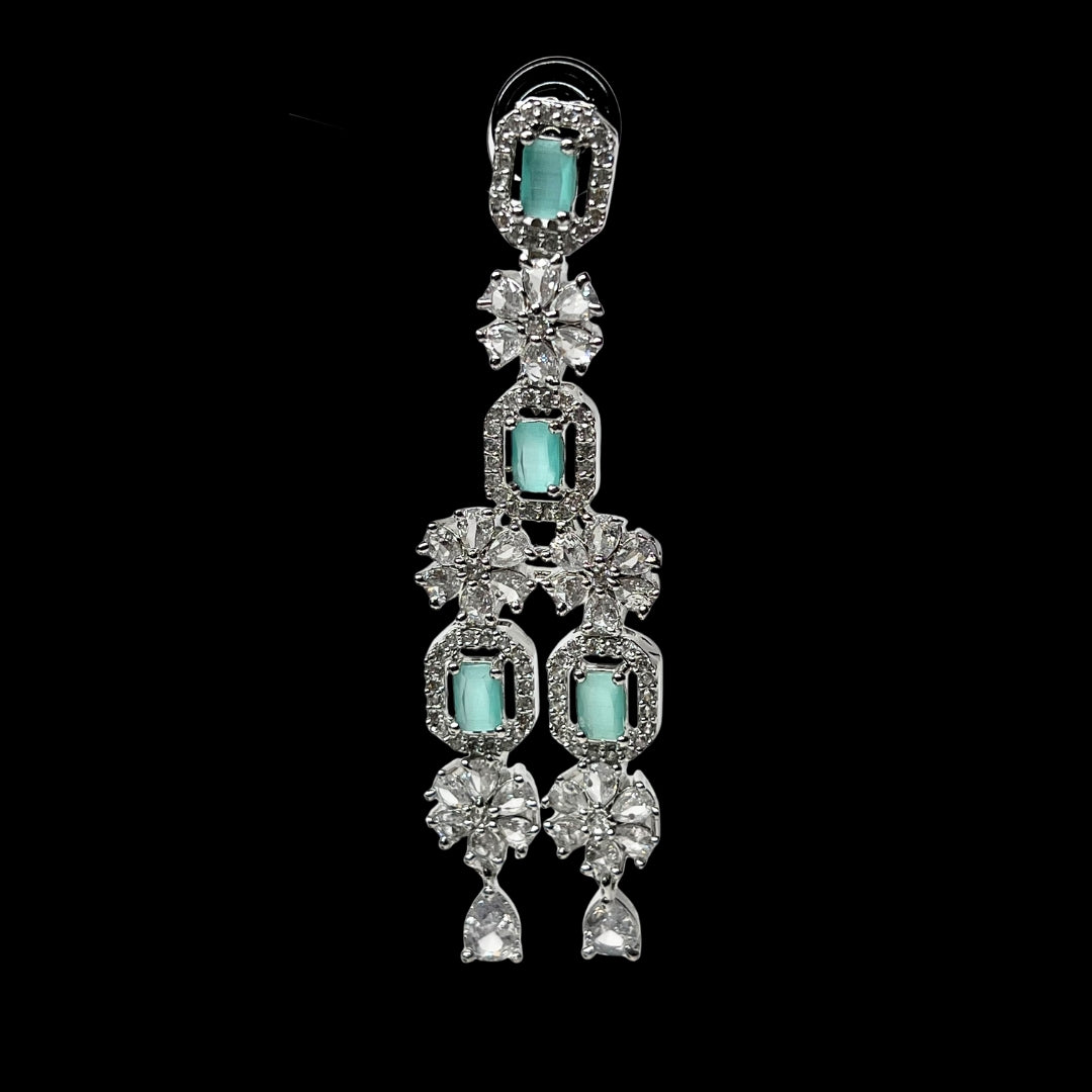 Three Layer Pastel Green AD Necklace Set with Earrings | Limited Piece