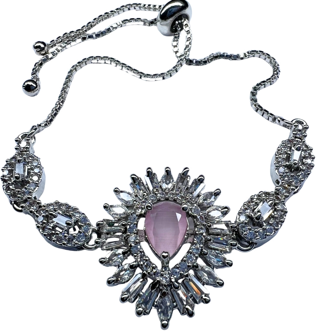 Exquisite AD America Diamond Oval Pink Gemstone Bracelet with Floral Accents and Adjustable Bolo Clasp