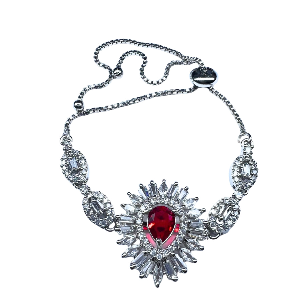 Exquisite AD American Diamond Bracelet with Ruby-Red Center Stone