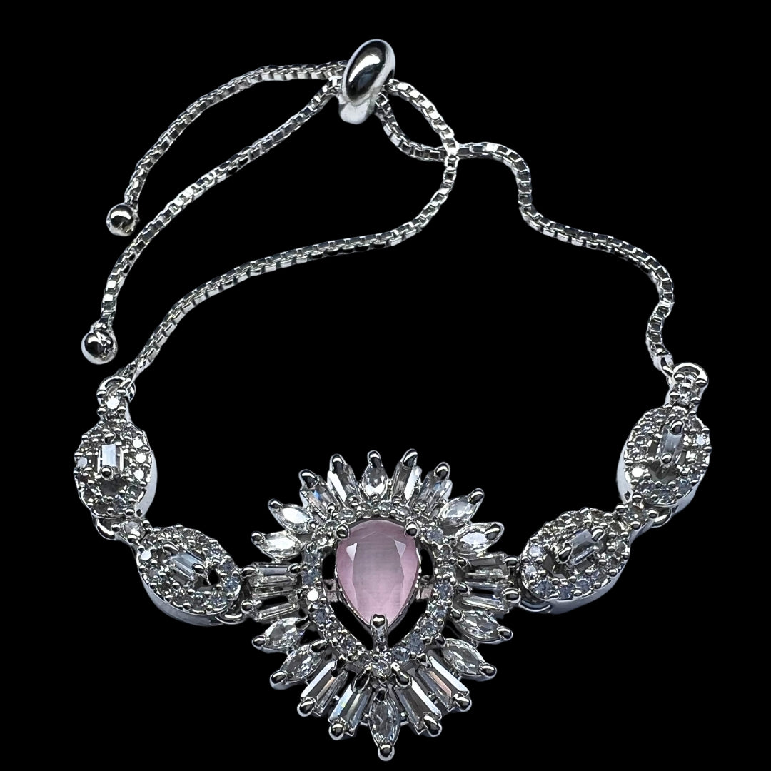 Exquisite AD America Diamond Oval Pink Gemstone Bracelet with Floral Accents and Adjustable Bolo Clasp