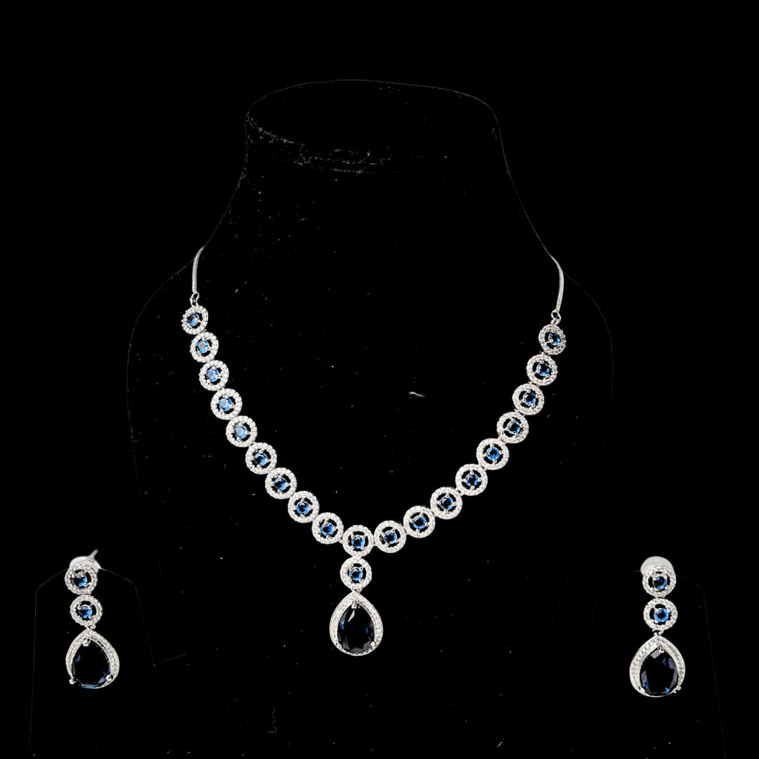 Majestic American Diamond Choker & Earrings Set with Deep Blue Drops