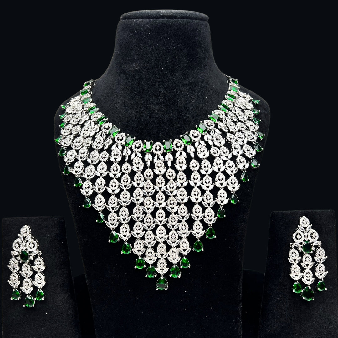 Bridal AD Necklace Set with Emerald Stones and Matching Earrings