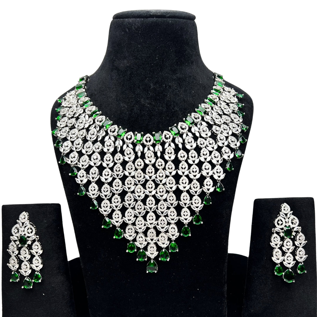 Bridal AD Necklace Set with Emerald Stones and Matching Earrings