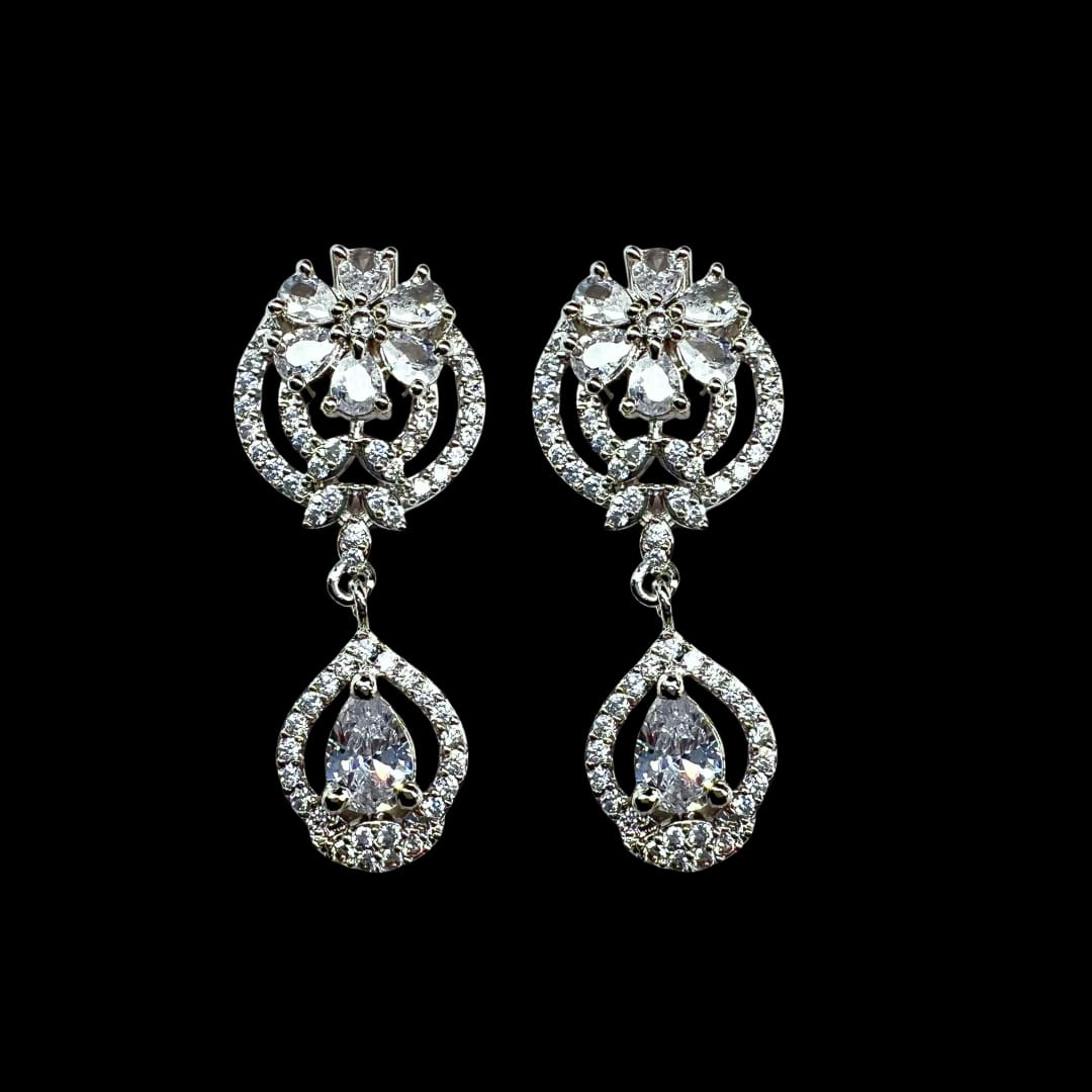Majestic American Diamond Earrings: A Symphony of Floral and Teardrop Brilliance