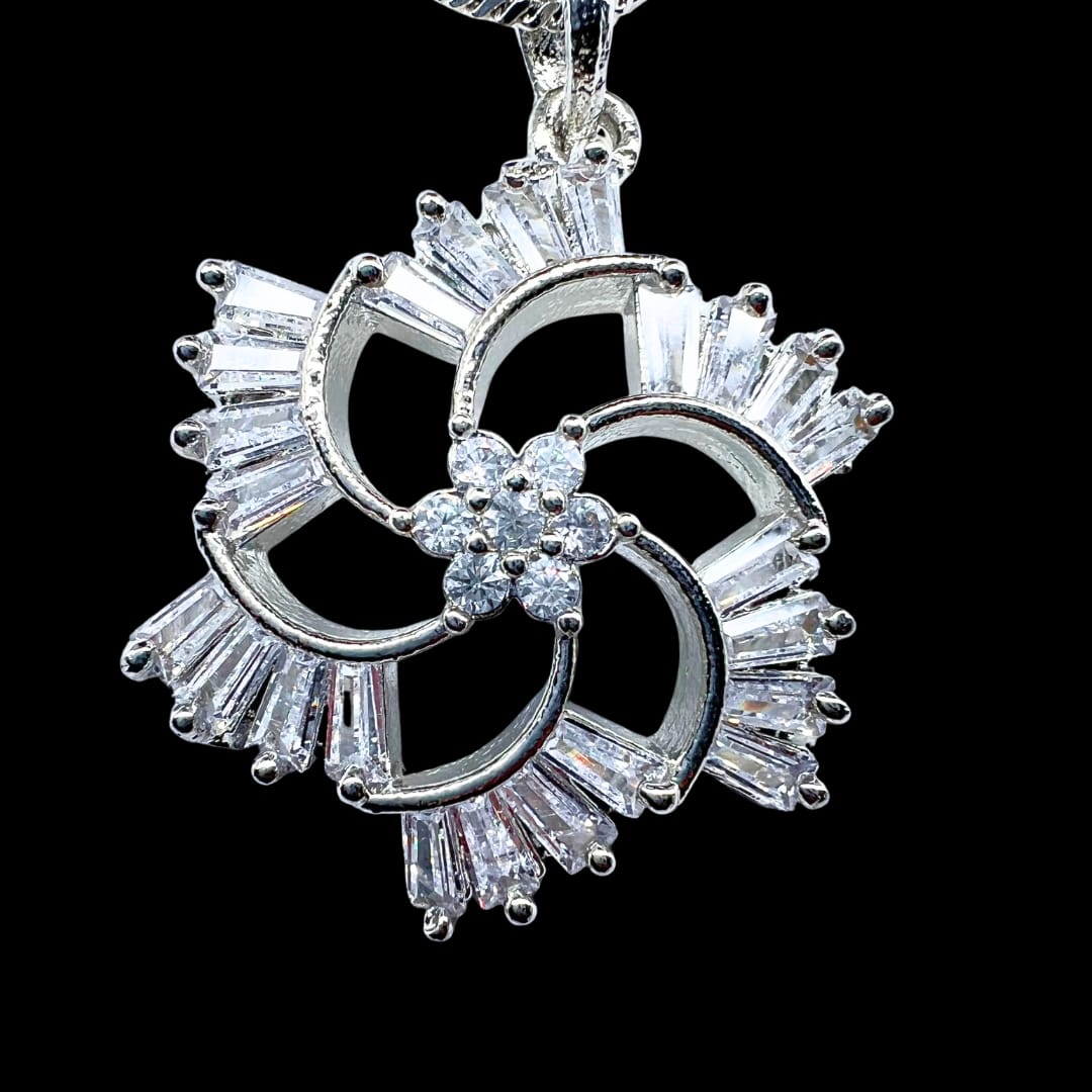 Radiant AD American Diamond Pendant and Earring Set | Snowflake Floral Design