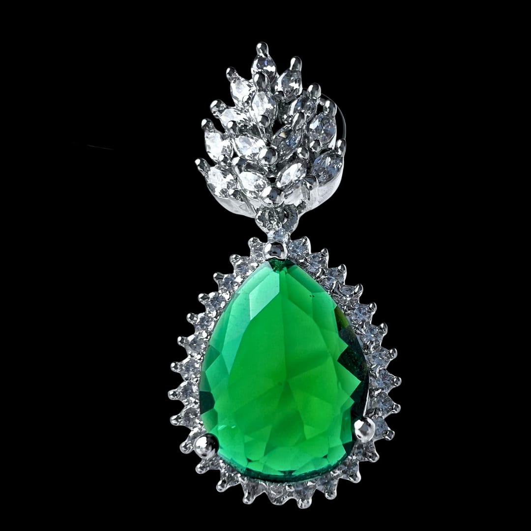 Emerald Green Teardrop AD Earrings – Glamorous Sparkle with Royal Charm