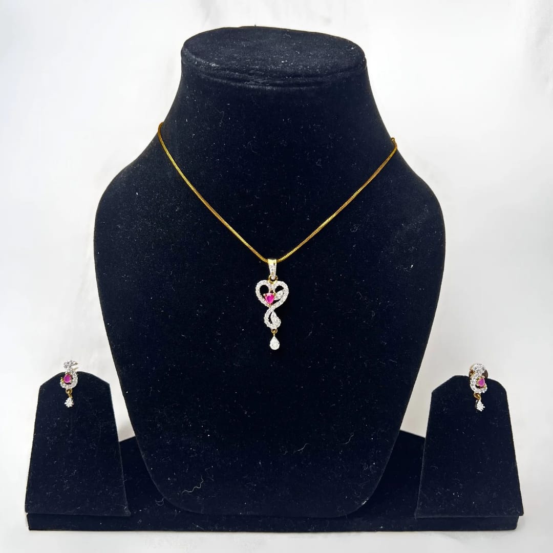 Exquisite AD American Diamond Pendant and Earring Set with Ruby pink Stones