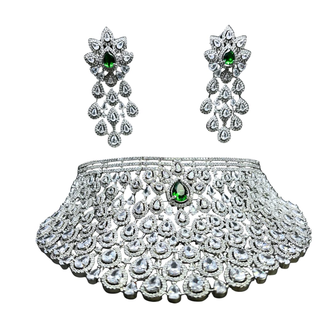 Grand Emerald green American Diamond Bridal Necklace Set with Earrings – Exquisite Wedding Jewelry