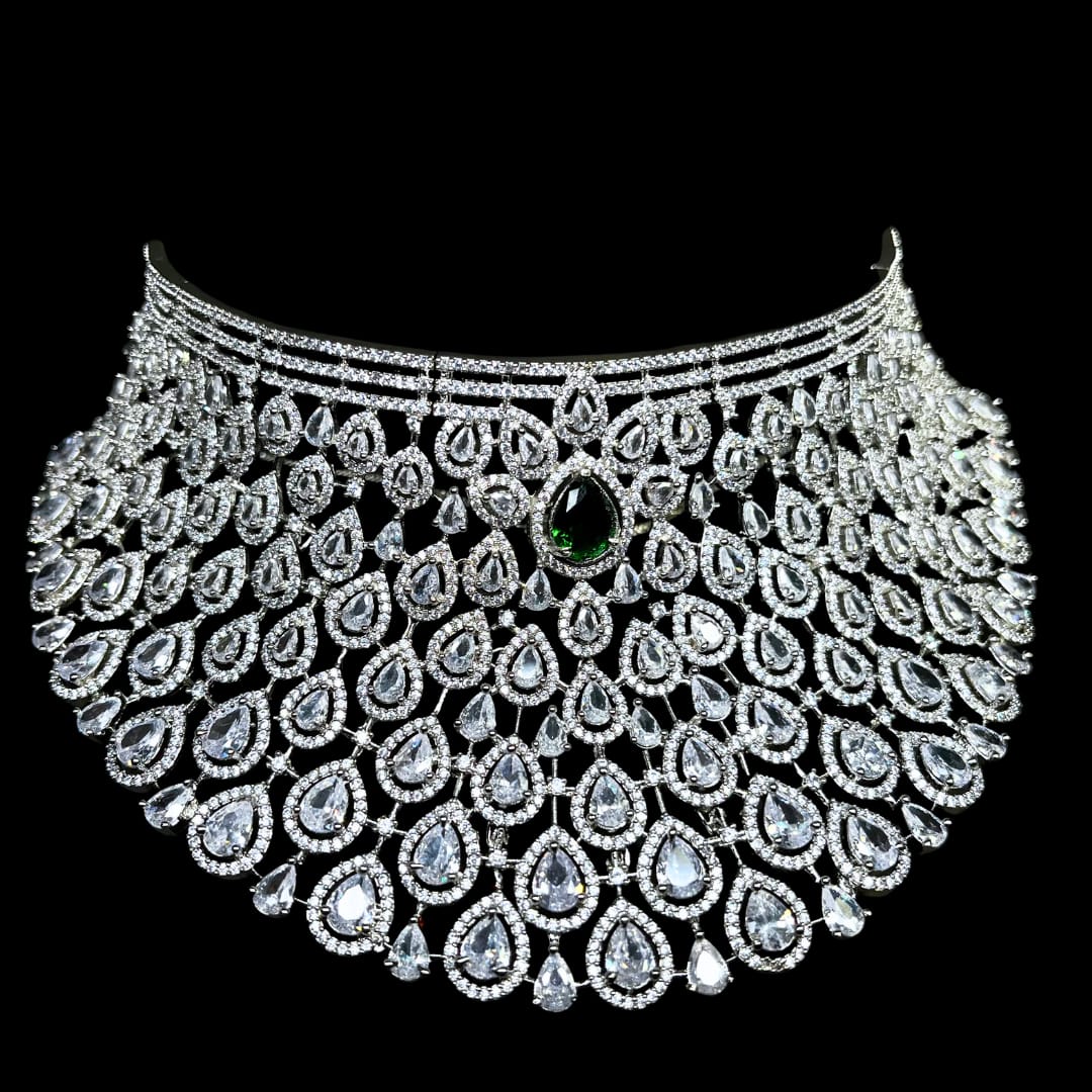 Grand Emerald green American Diamond Bridal Necklace Set with Earrings – Exquisite Wedding Jewelry