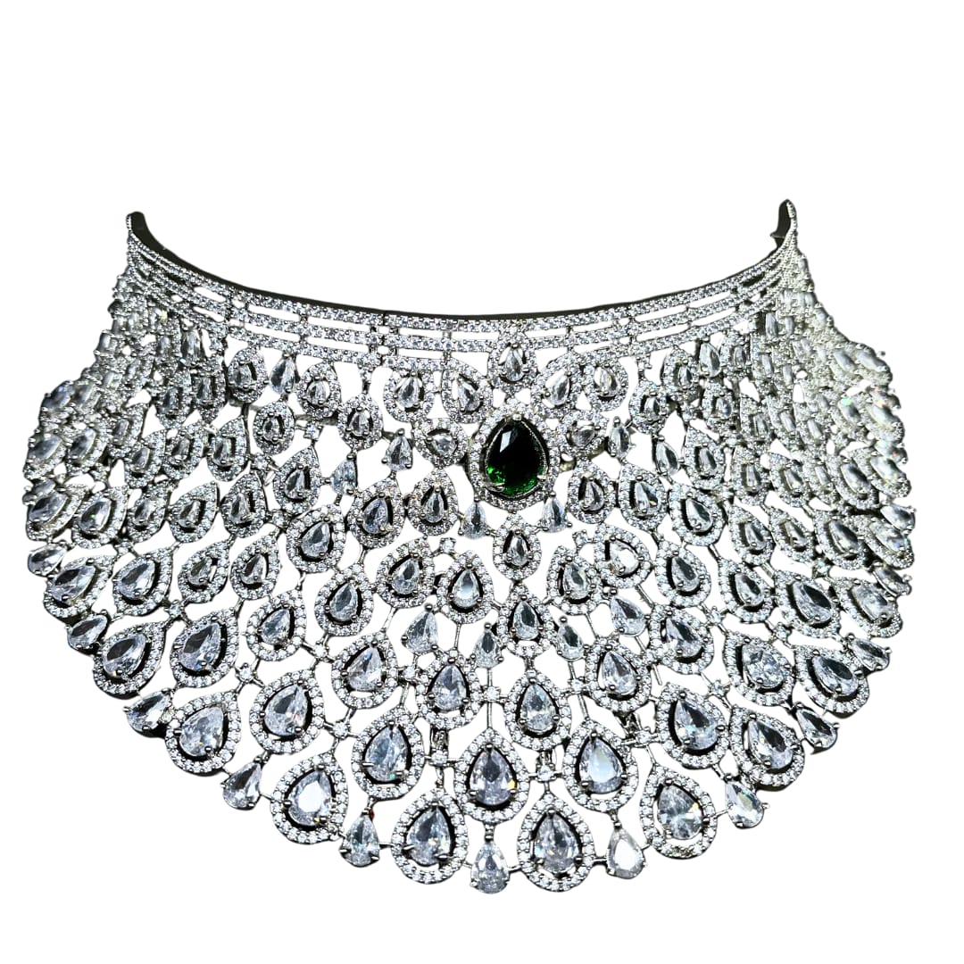 Grand Emerald green American Diamond Bridal Necklace Set with Earrings – Exquisite Wedding Jewelry