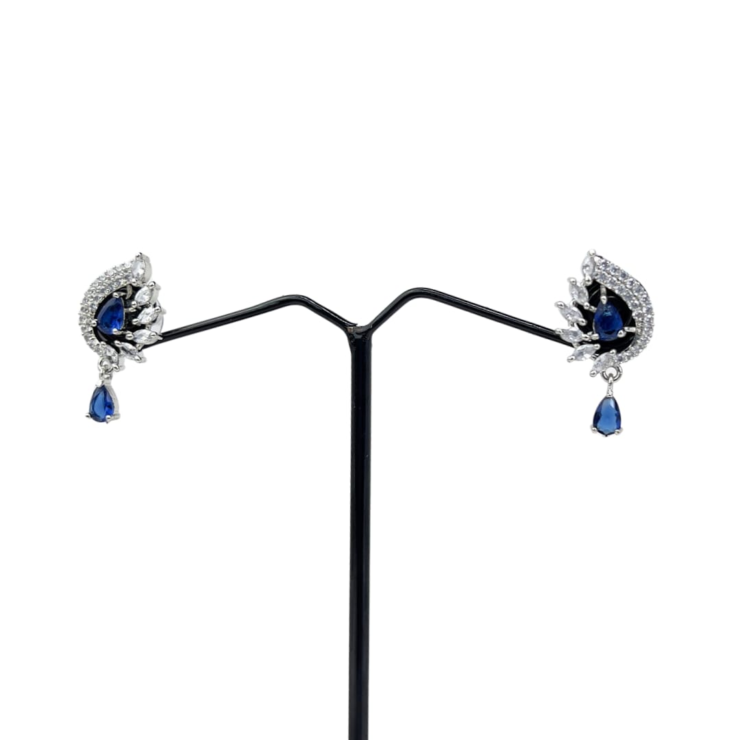 Elegant Dark Blue Teardrop AD Earrings with Marquise AD Cluster – Dazzling Party & Festive Wear