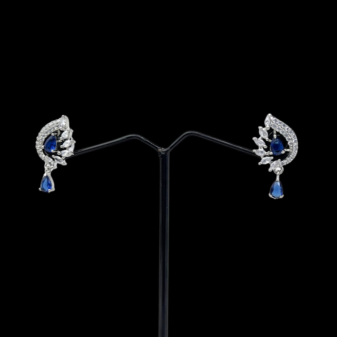 Elegant Dark Blue Teardrop AD Earrings with Marquise AD Cluster – Dazzling Party & Festive Wear