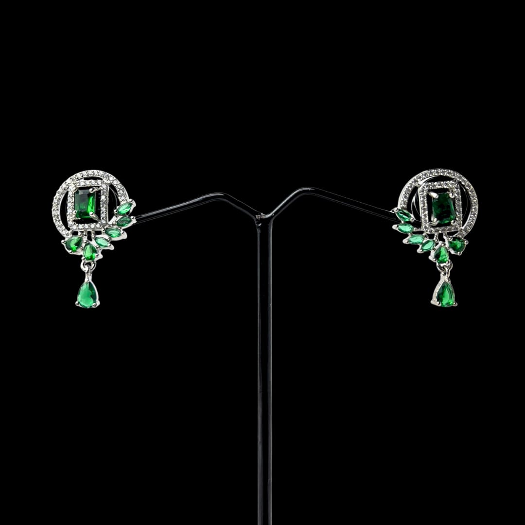 Dazzling Emerald Green & White AD Earrings – Modern Elegance for Party & Festive Wear
