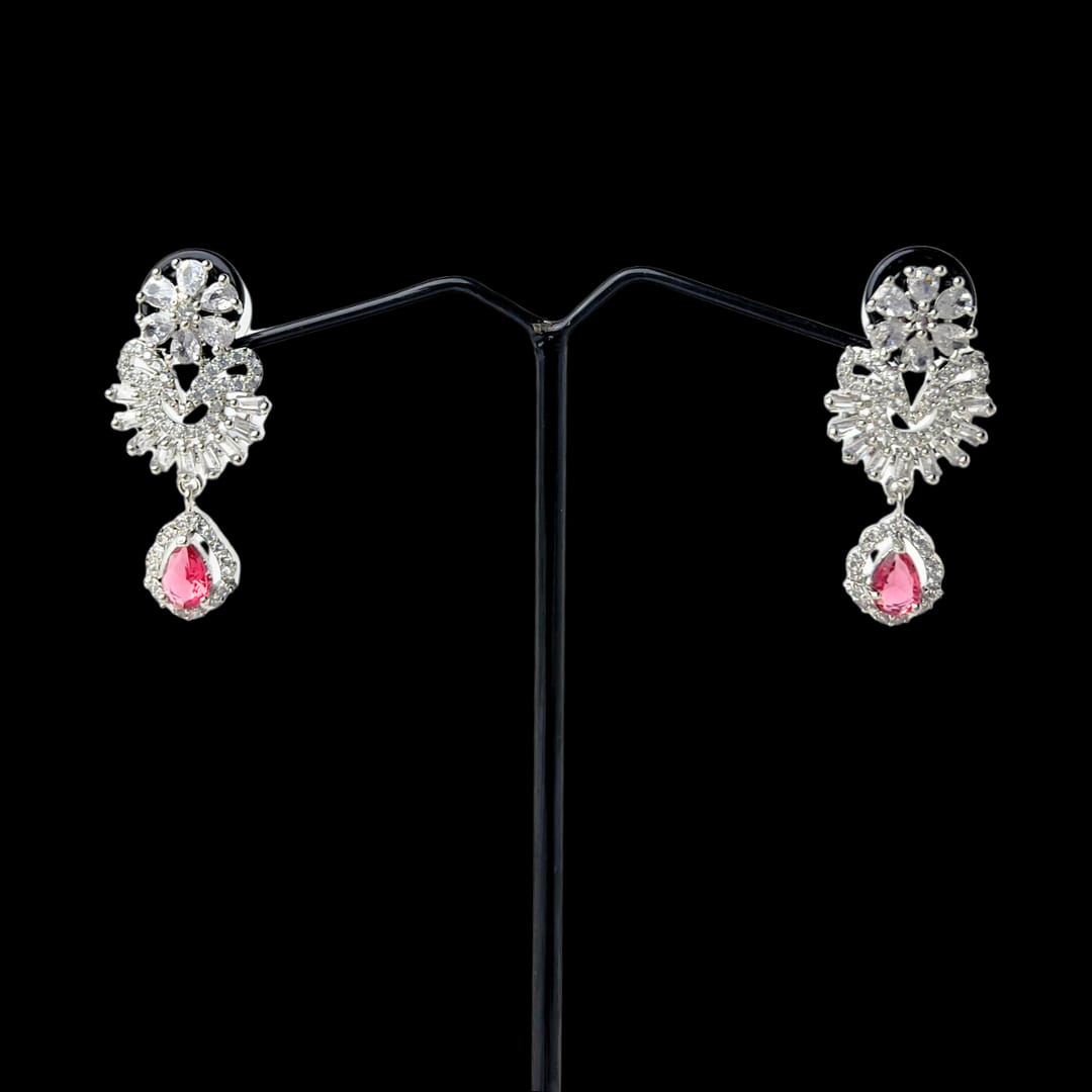 Majestic American Diamond Earrings with Ruby-Red Stone -A Grand Statement of Elegance
