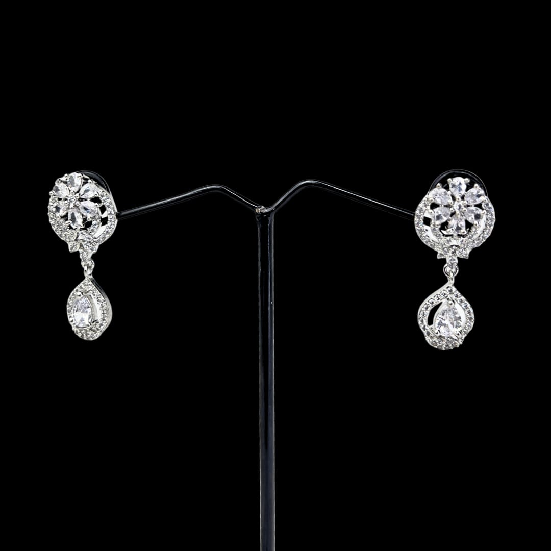 Majestic American Diamond Earrings: A Symphony of Floral and Teardrop Brilliance