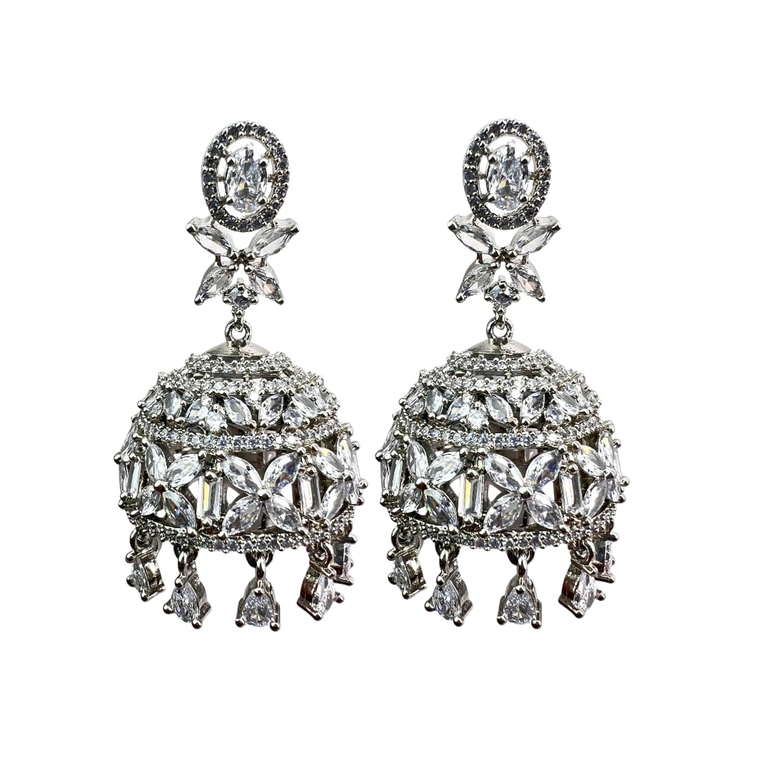 Dazzling Silver American Diamond Earrings with Floral & Marquise AD Work