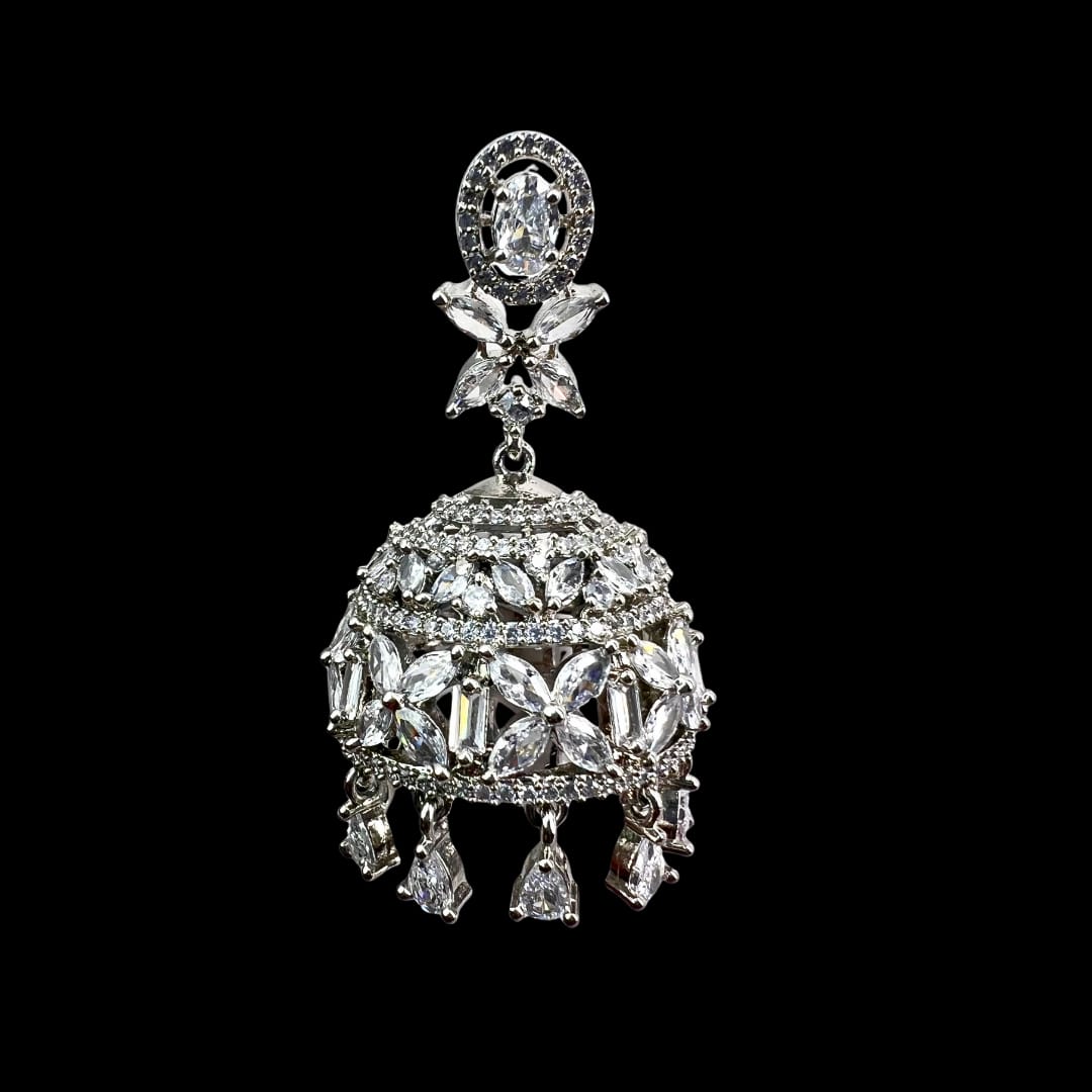 Dazzling Silver American Diamond Earrings with Floral & Marquise AD Work