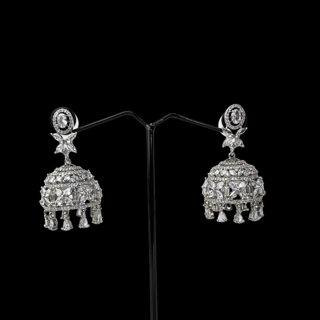Dazzling Silver American Diamond Earrings with Floral & Marquise AD Work