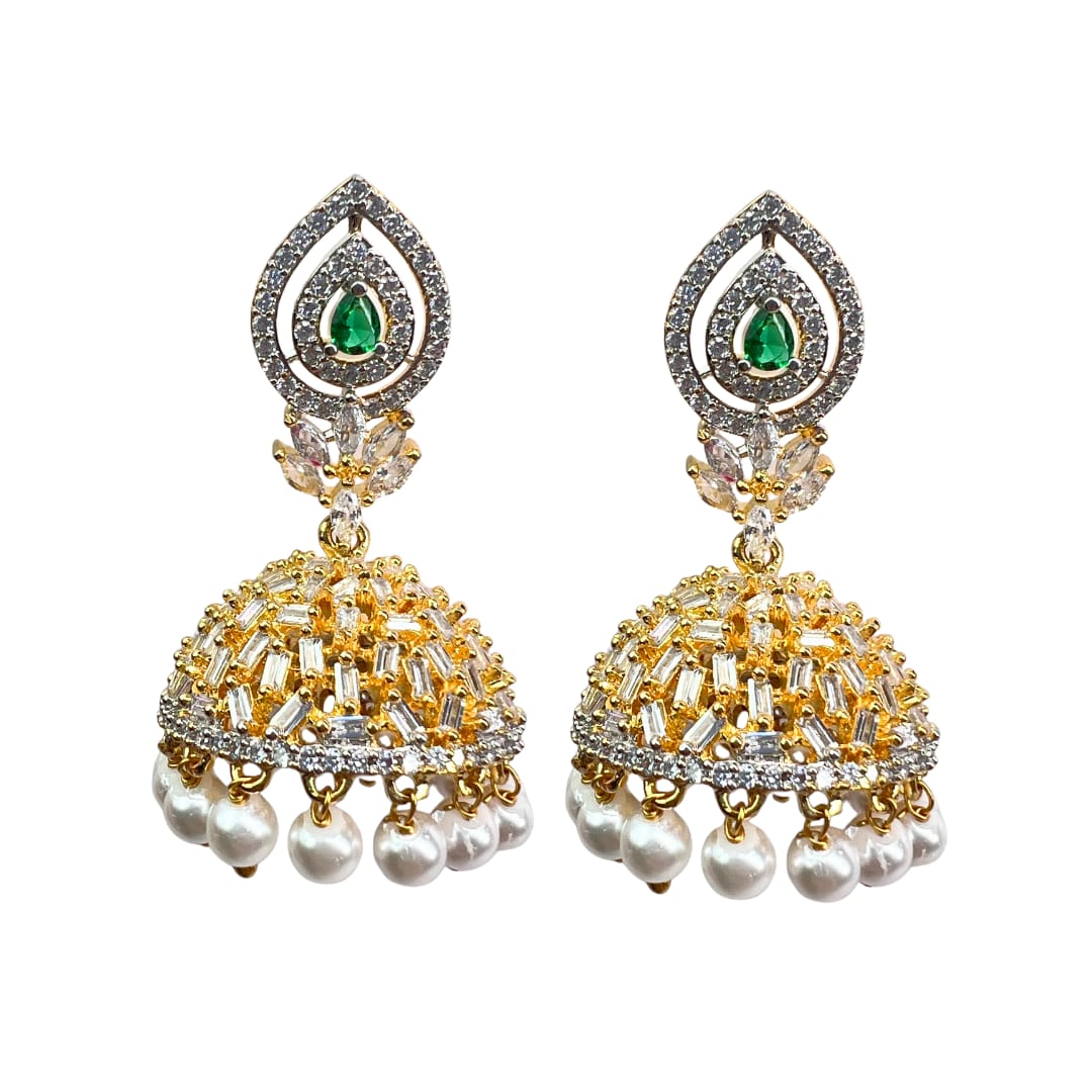 Majestic Gold-Toned American Diamond Jhumka with Emerald and Pearl Accents