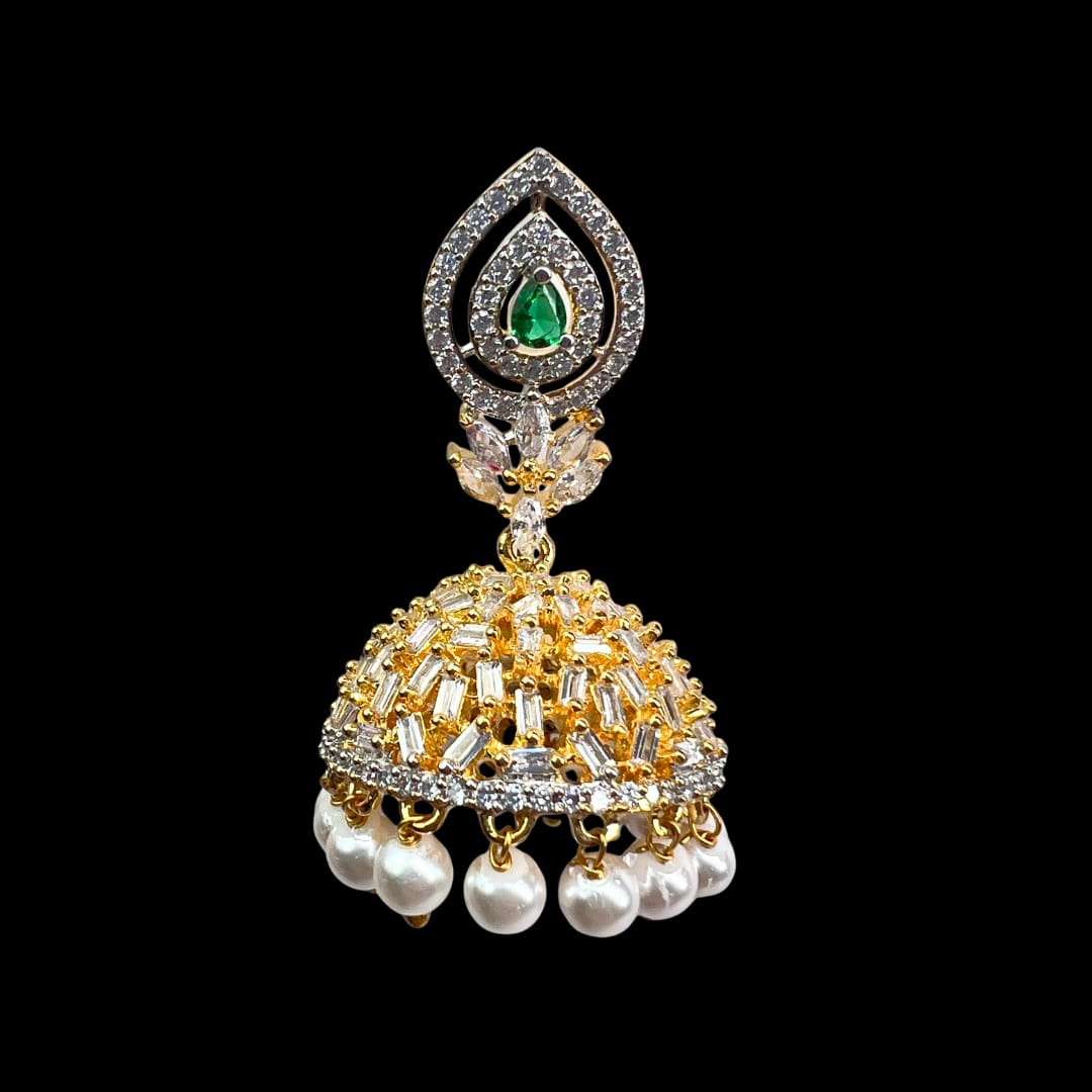 Majestic Gold-Toned American Diamond Jhumka with Emerald and Pearl Accents